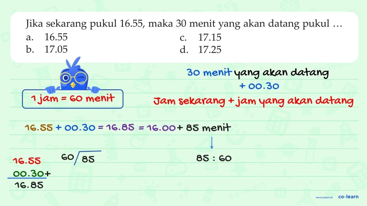 Jika sekarang pukul 16.55, maka 30 menit yang akan datang