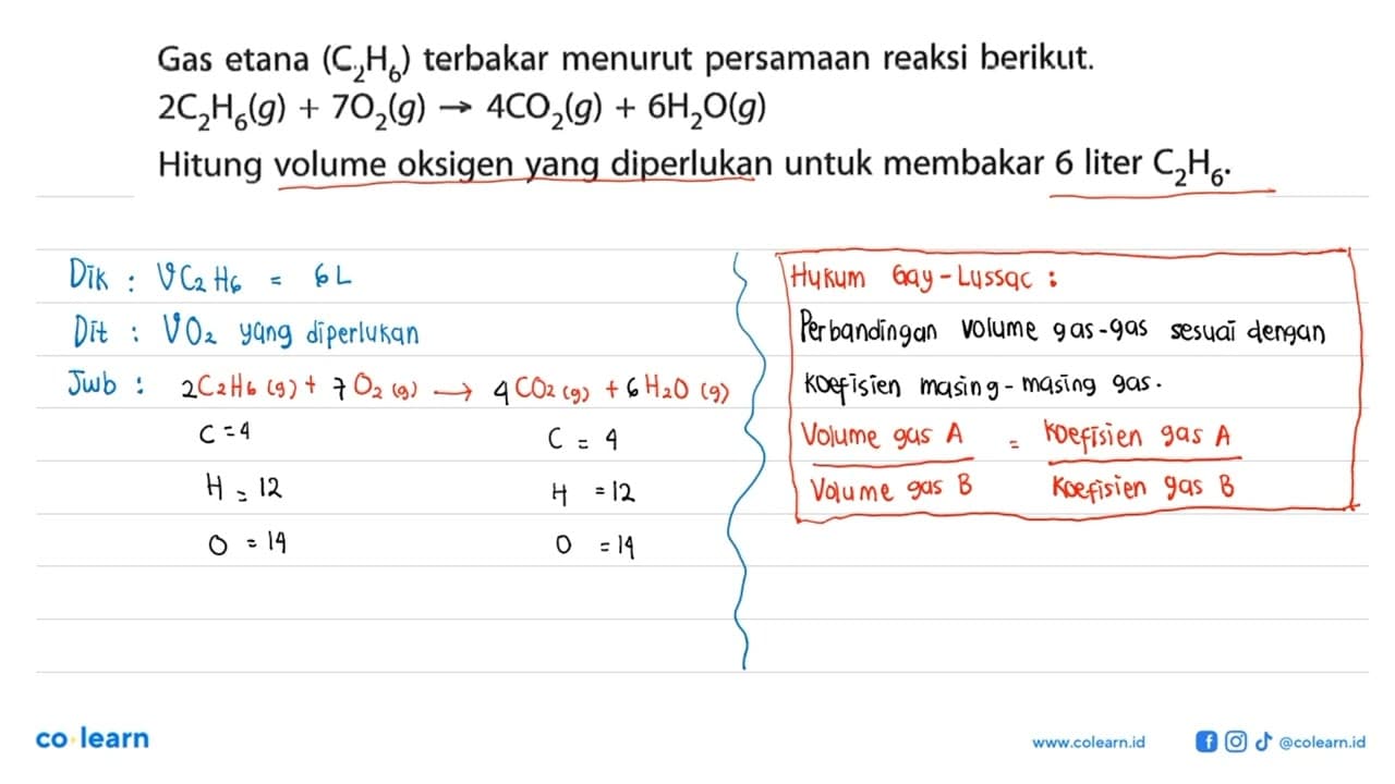 Gas etana (C2H6) terbakar menurut persamaan reaksi