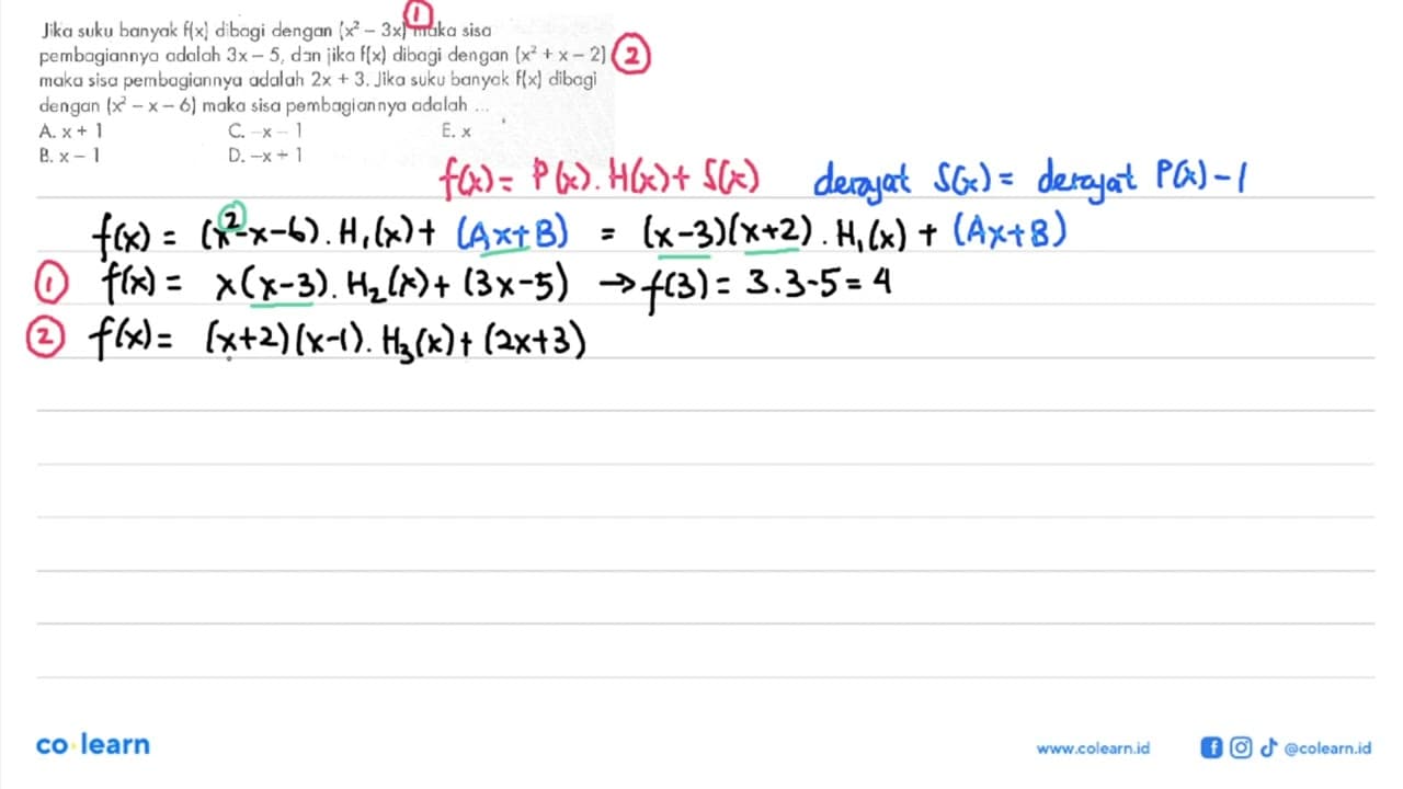 Jika suku banyak f(x) dibagi dengan (x^2-3x) maka sisa