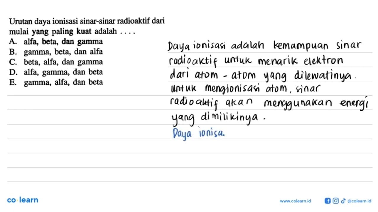 Urutan daya ionisasi sinar-sinar radioaktif dari mulai yang