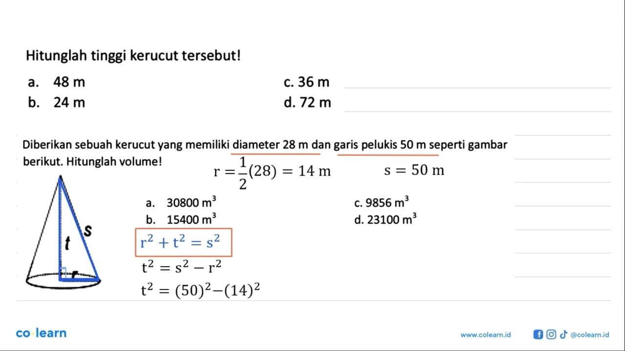 Hitunglah tinggi kerucut tersebut!