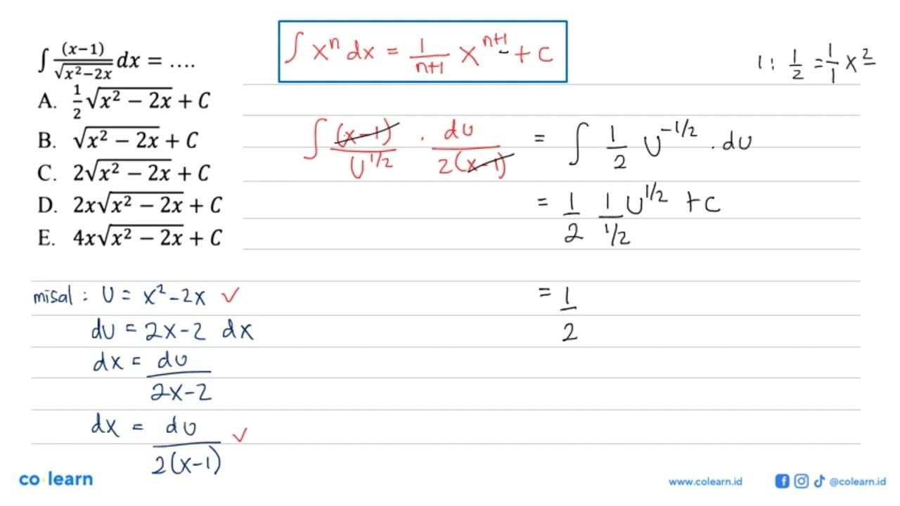 integral (x-1)/akar(x^2-2x) dx= ....