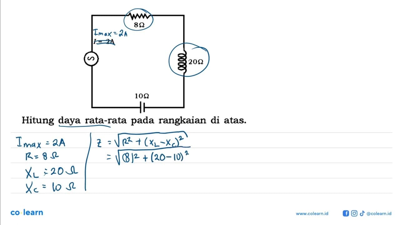 Hitung daya rata-rata pada rangkaian di atas. I = 2A 8 ohm