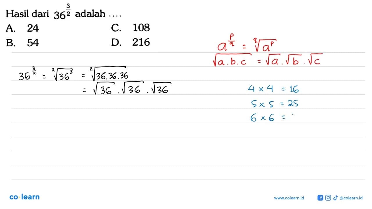 Hasil dari 36^(3/2) adalah