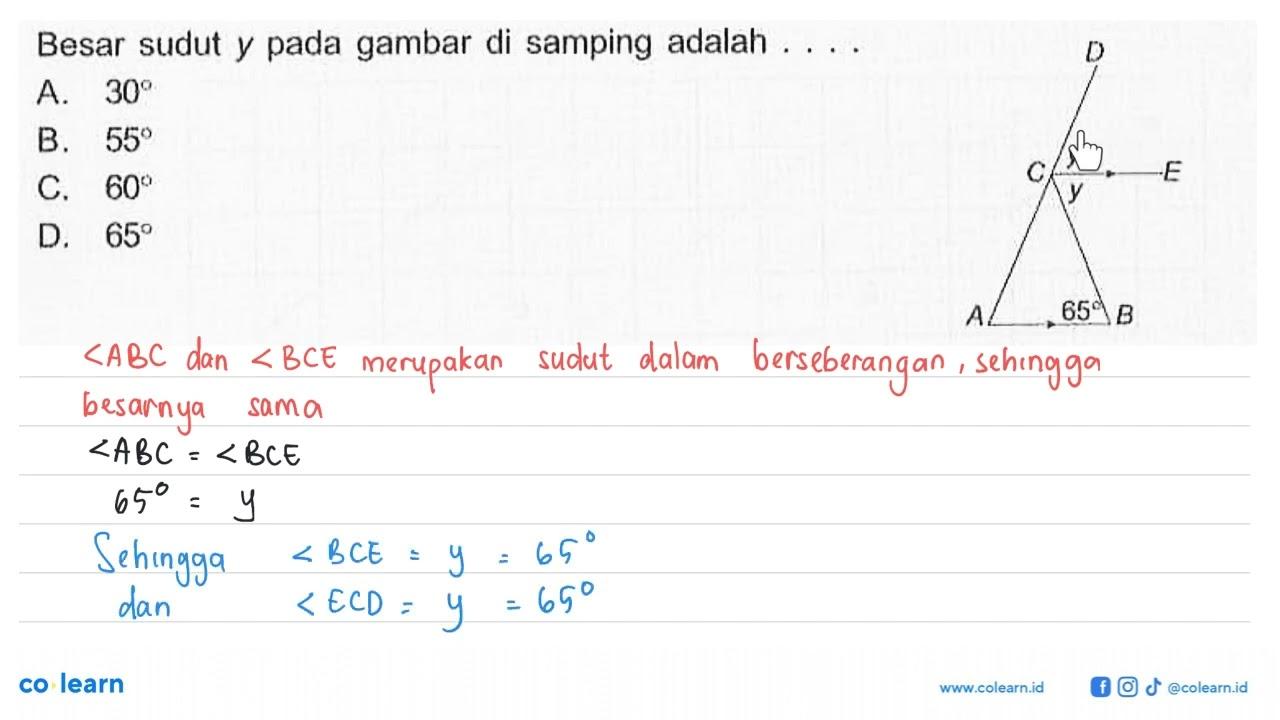 Besar sudut y pada gambar di samping adalah ....D C y E y A