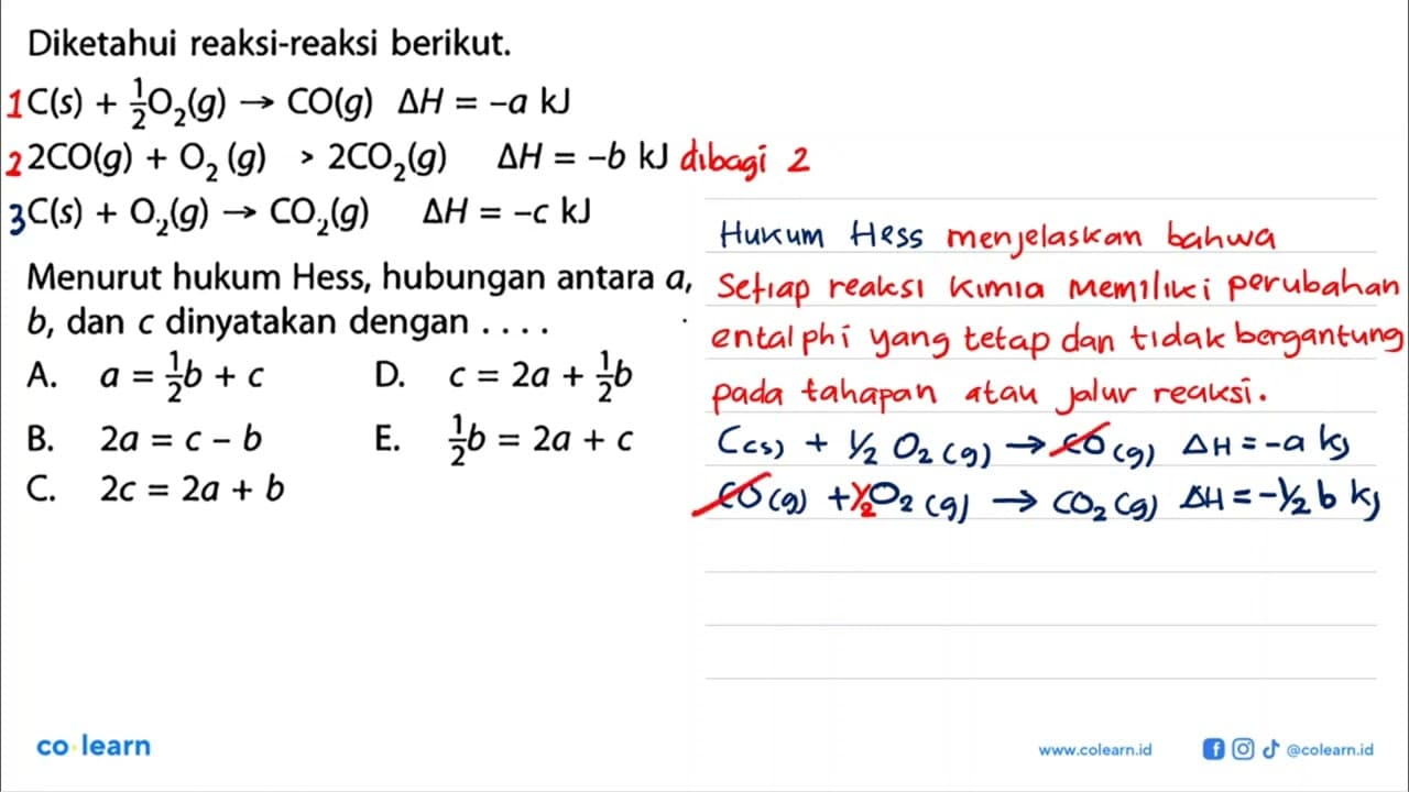 Diketahui reaksi-reaksi berikut.C(s)+1/2 O2(g) -> CO(g)