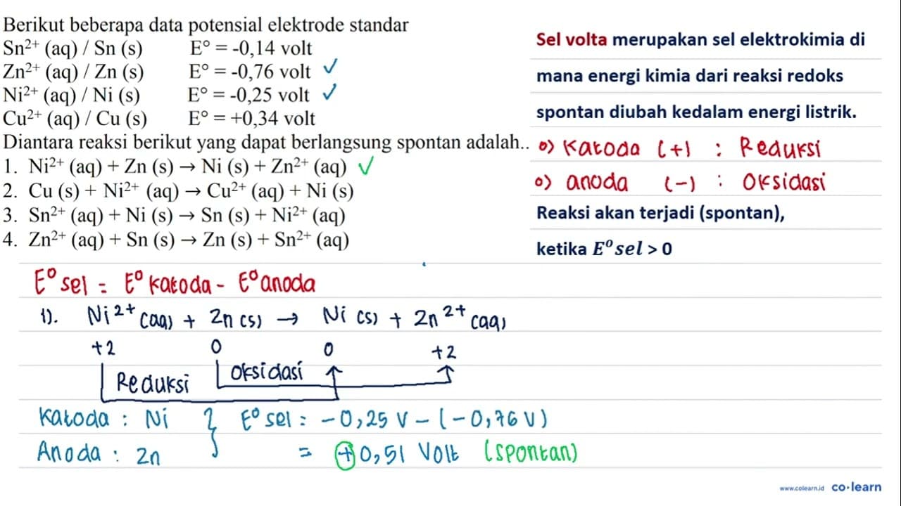 Berikut beberapa data potensial elektrode standar Sn^(2+)