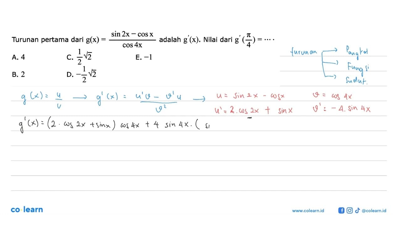 Turunan pertama dari g(x)=(sin 2x-cos x)/cos 4x adalah
