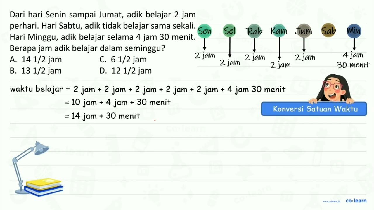 Dari hari Senin sampai Jumat, adik belajar 2 jam perhari.