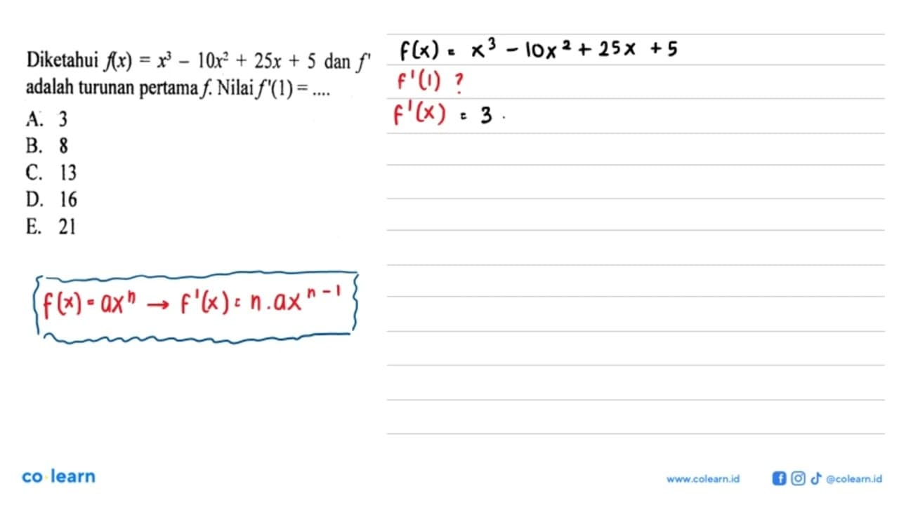 Diketahui f(x)=x^3-10x^2+25x+5 dan f' adalah turunan