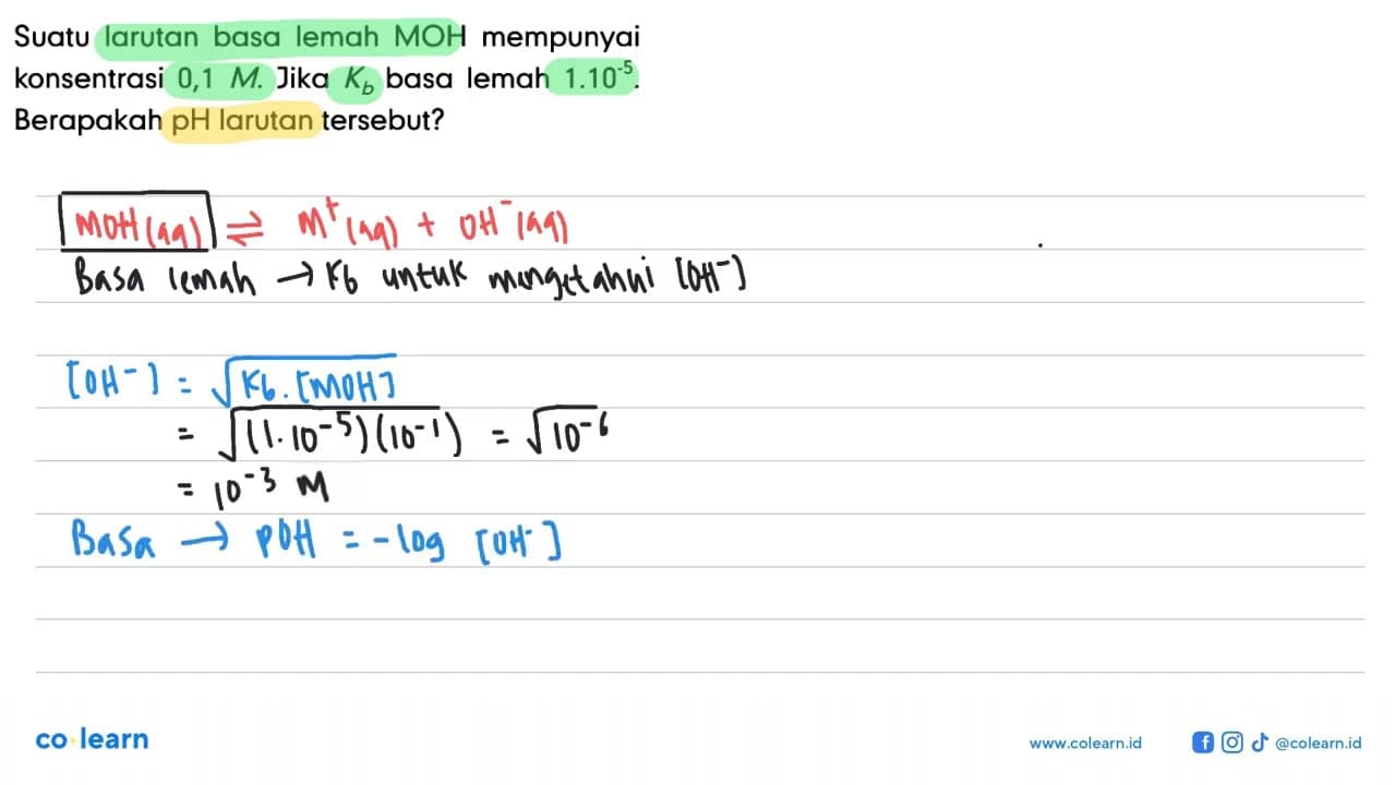 Suatu larutan basa lemah MOH mempunyai konsentrasi 0,1 M .