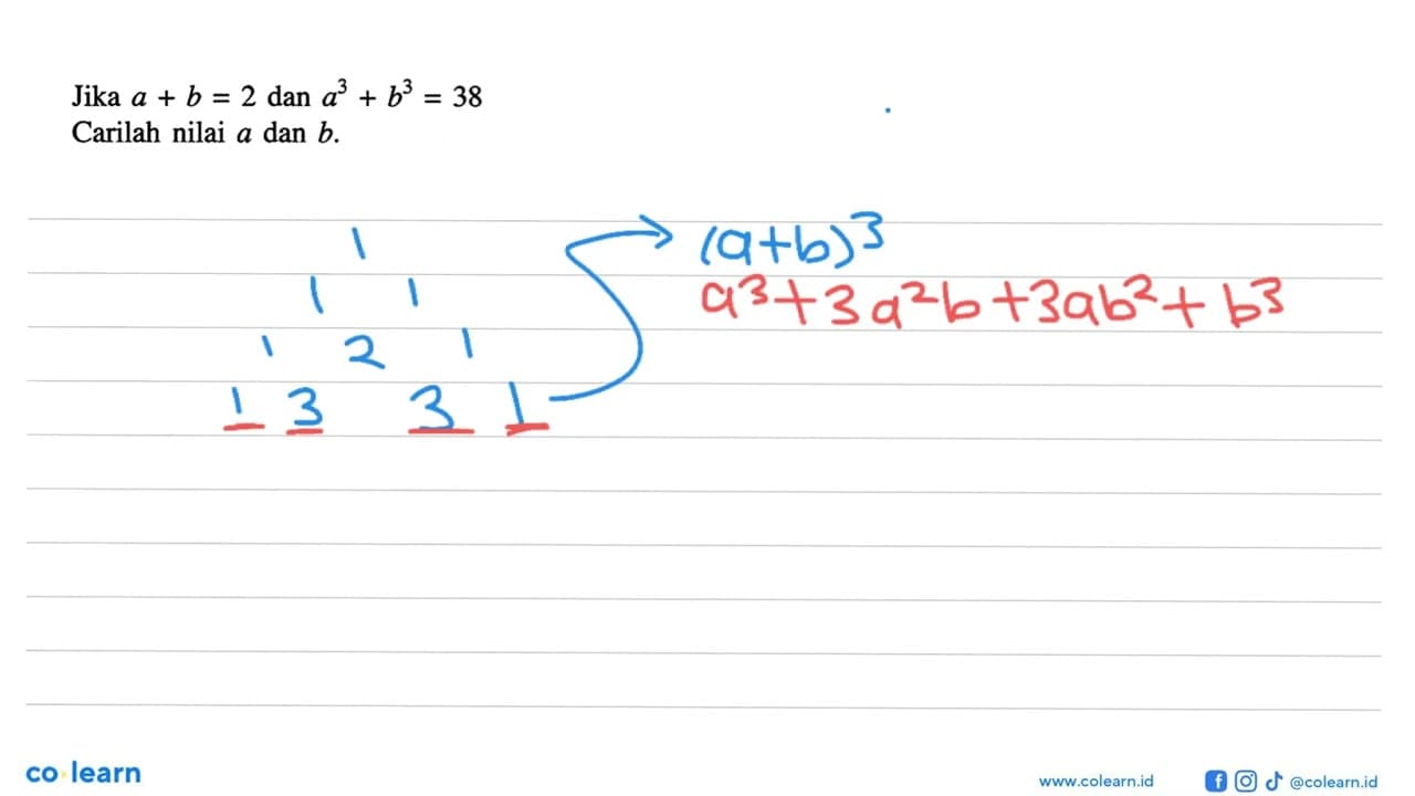 Jika a+b=2 dan a^3+b^3=38 Carilah nilai a dan b.