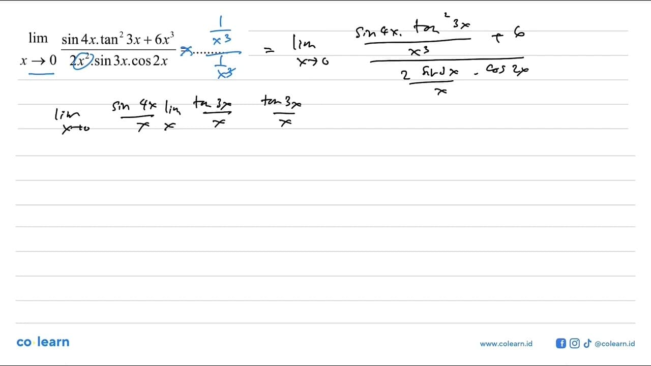 lim x->0 (sin4x.tan^2(3x)+6x^3)/(2x^2.sin3x.cos2x) =