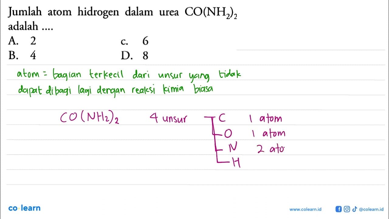 Jumlah atom hidrogen dalam urea CO(NH2)2 adalah ....