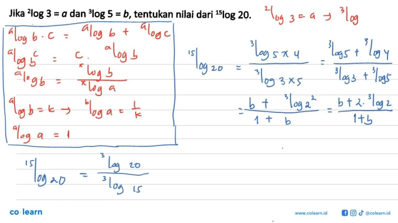 Jika 2log3=a dan 3log5=b, tentukan nilai dari 15log20.