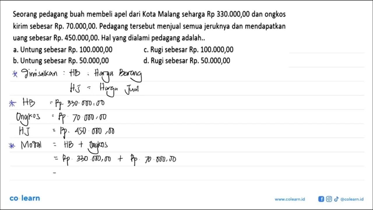 Seorang pedagang buah membeli apel dari Kota Malang seharga