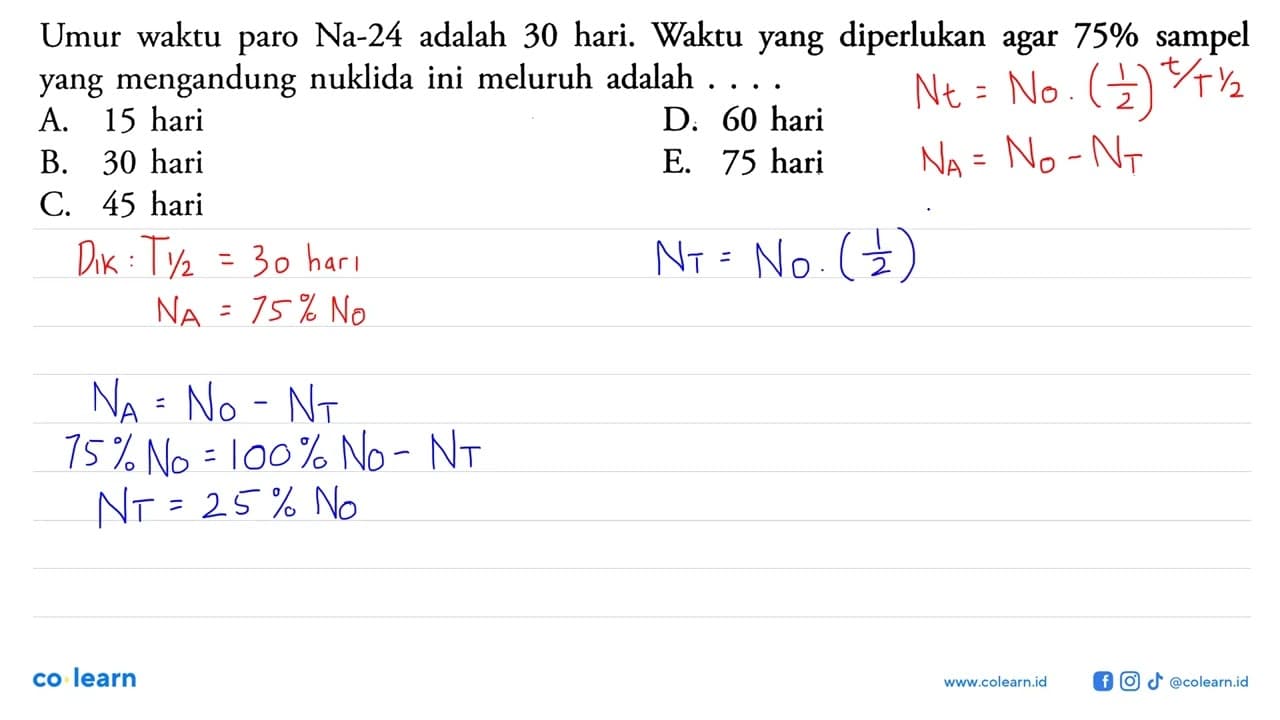 Umur waktu paro Na-24 adalah 30 hari. Waktu yang diperlukan