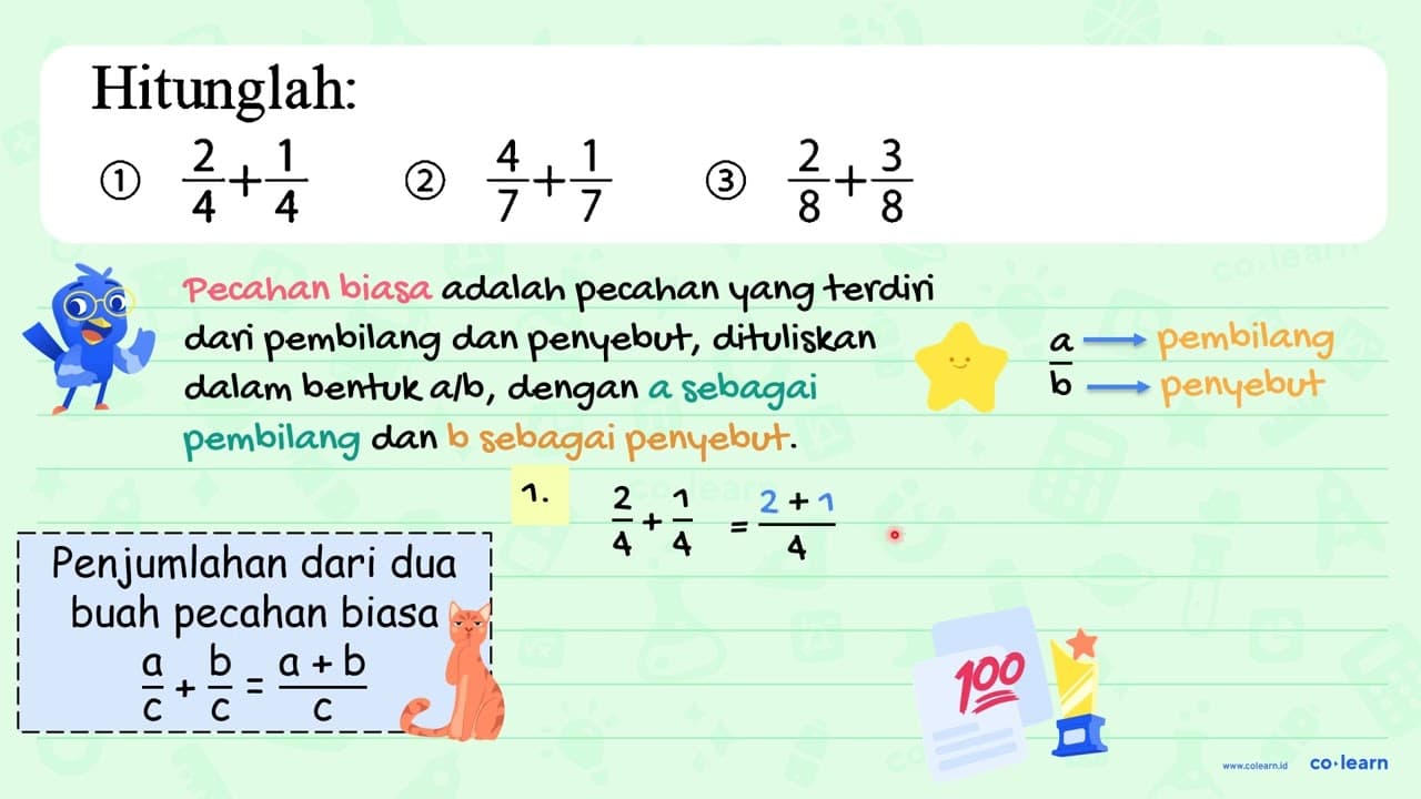 Hitunglah: (1) (2)/(4)+(1)/(4) (2) (4)/(7)+(1)/(7) (3)