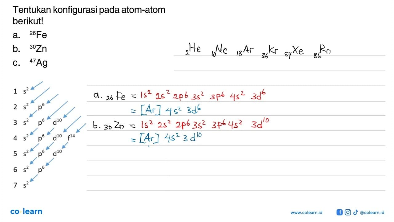 Tentukan konfigurasi pada atom-atom berikut! a. 26 Fe b. 30