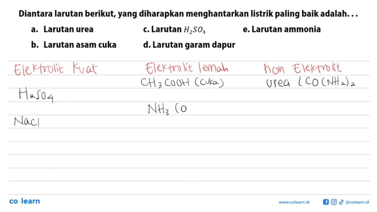 Diantara larutan berikut, yang diharapkan menghantarkan