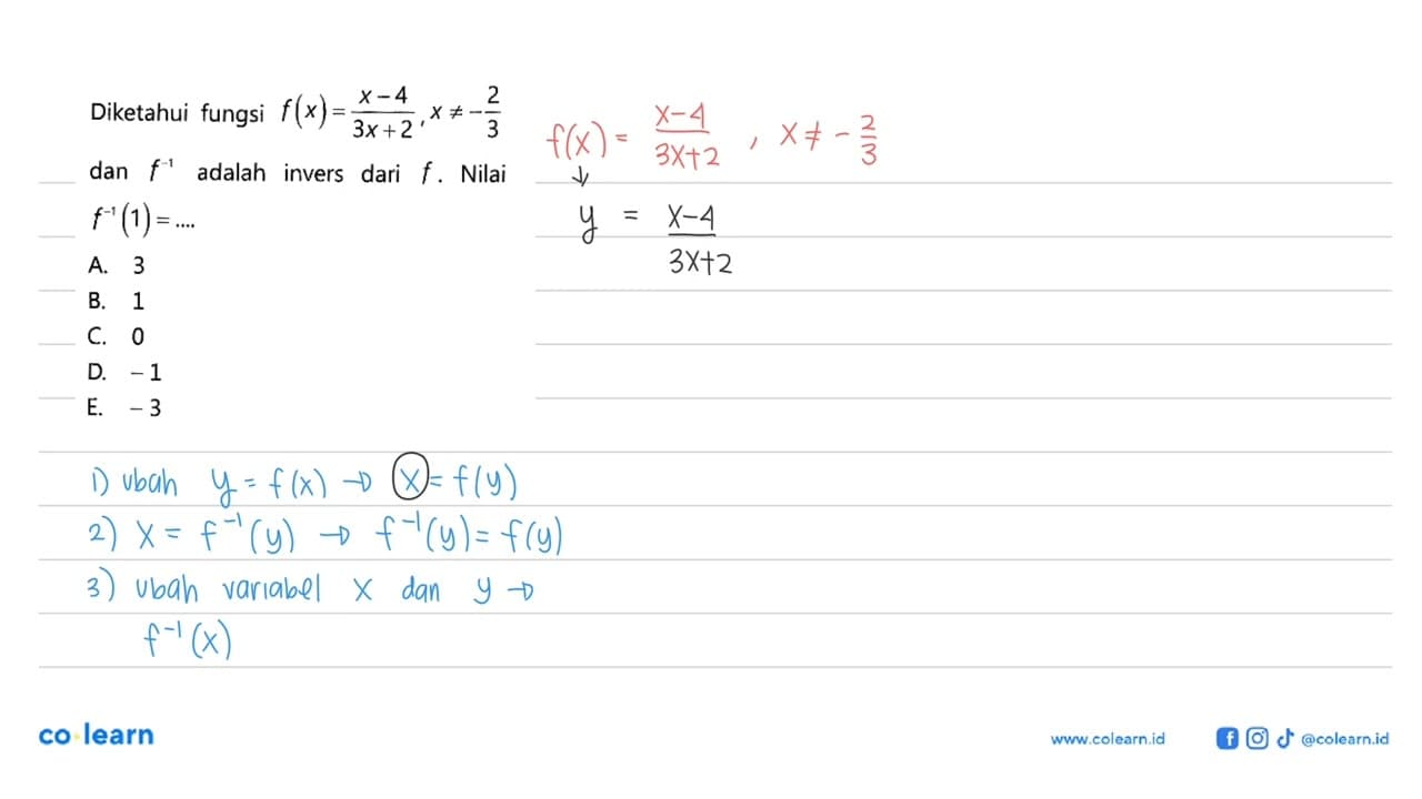 Diketahui fungsi f(x)=(x-4)/(3x+2), x=/=-2/3 dan f^(-1)