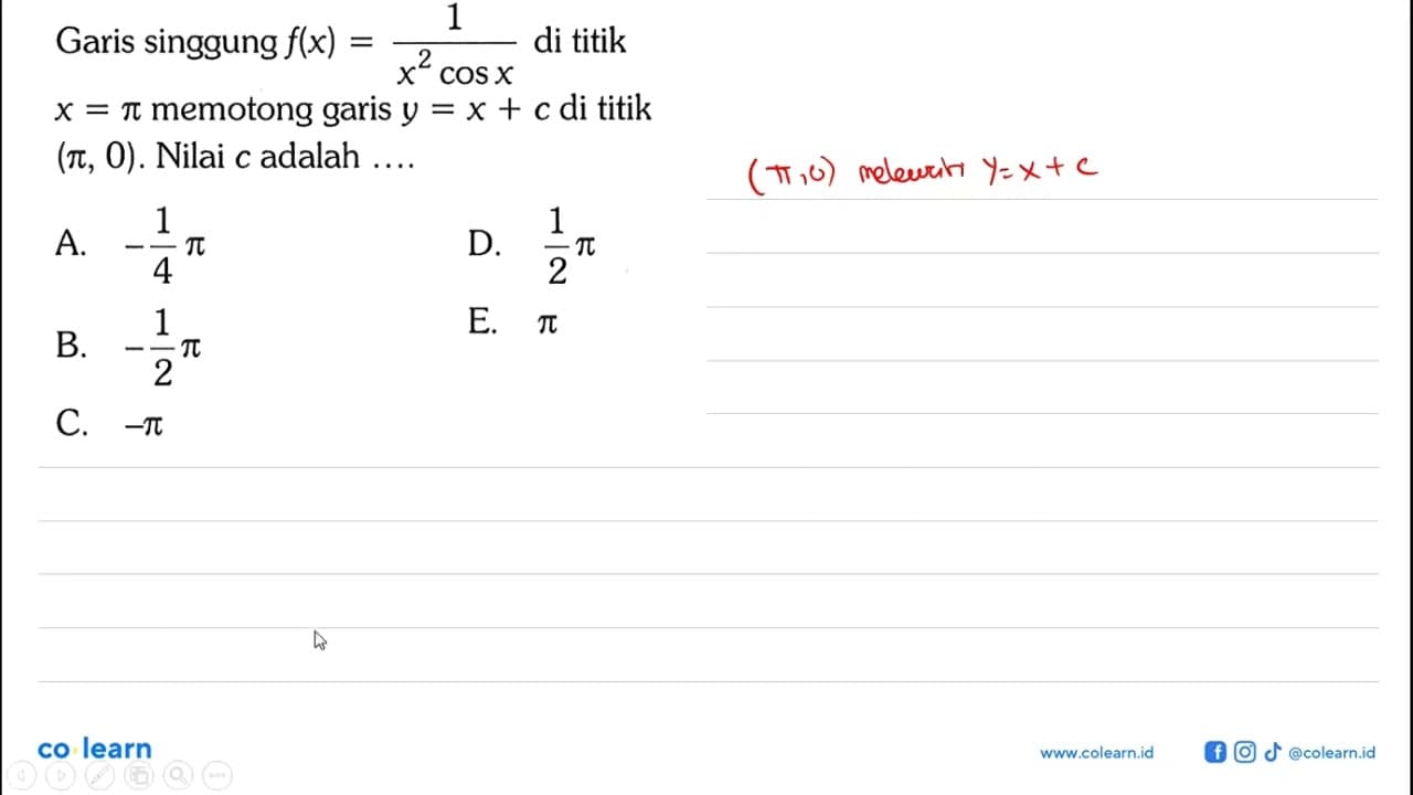 Garis singgung f(x)=1/(x^2 cos x) di titik x=pi memotong