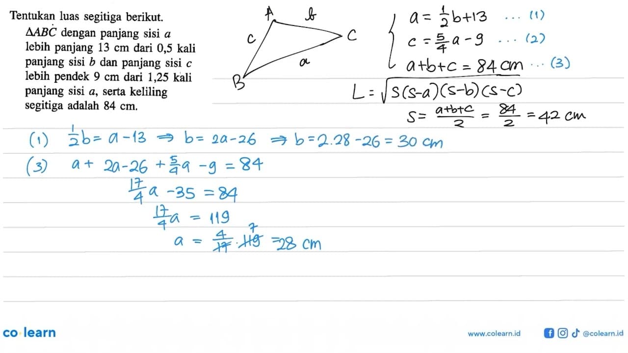 Tentukan luas segitiga berikut. segitiga AB dotC dengan