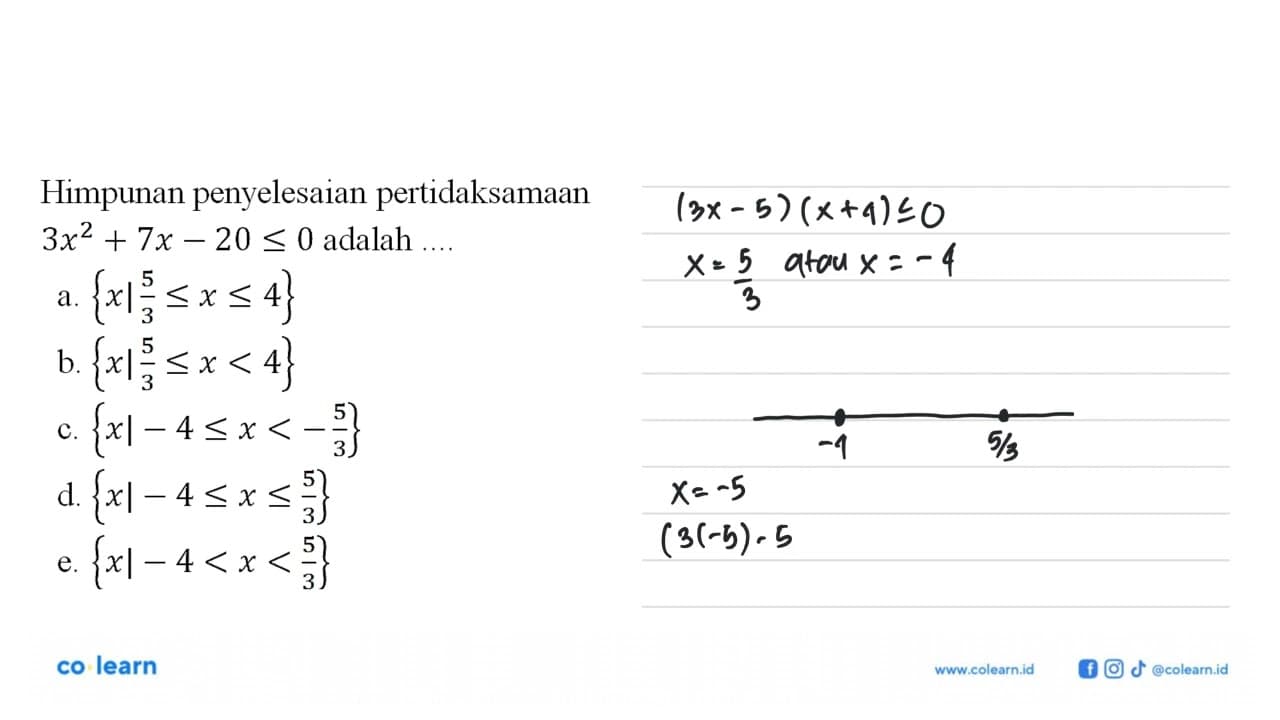 Himpunan penyelesaian pertidaksamaan 3x^2+7x-20<=0 adalah