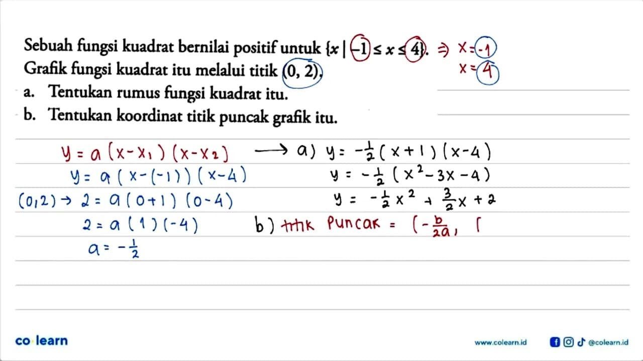 Sebuah fungsi kuadrat bernilai positif untuk {x|-1<=x<=4}