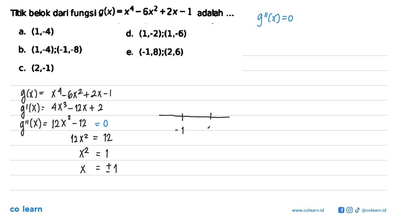 Thik belok dari fungsi g(x)=x^4 - 6x^2 + 2x - 1 adalah ...