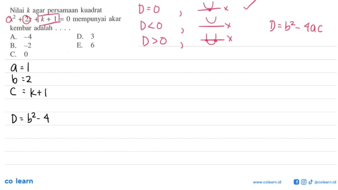 Nilai k agar persamaan kuadrat x^2 + 2x + k + 1 = 0