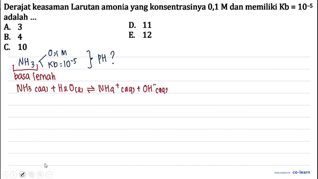 Derajat keasaman Larutan amonia yang konsentrasinya 0,1 M