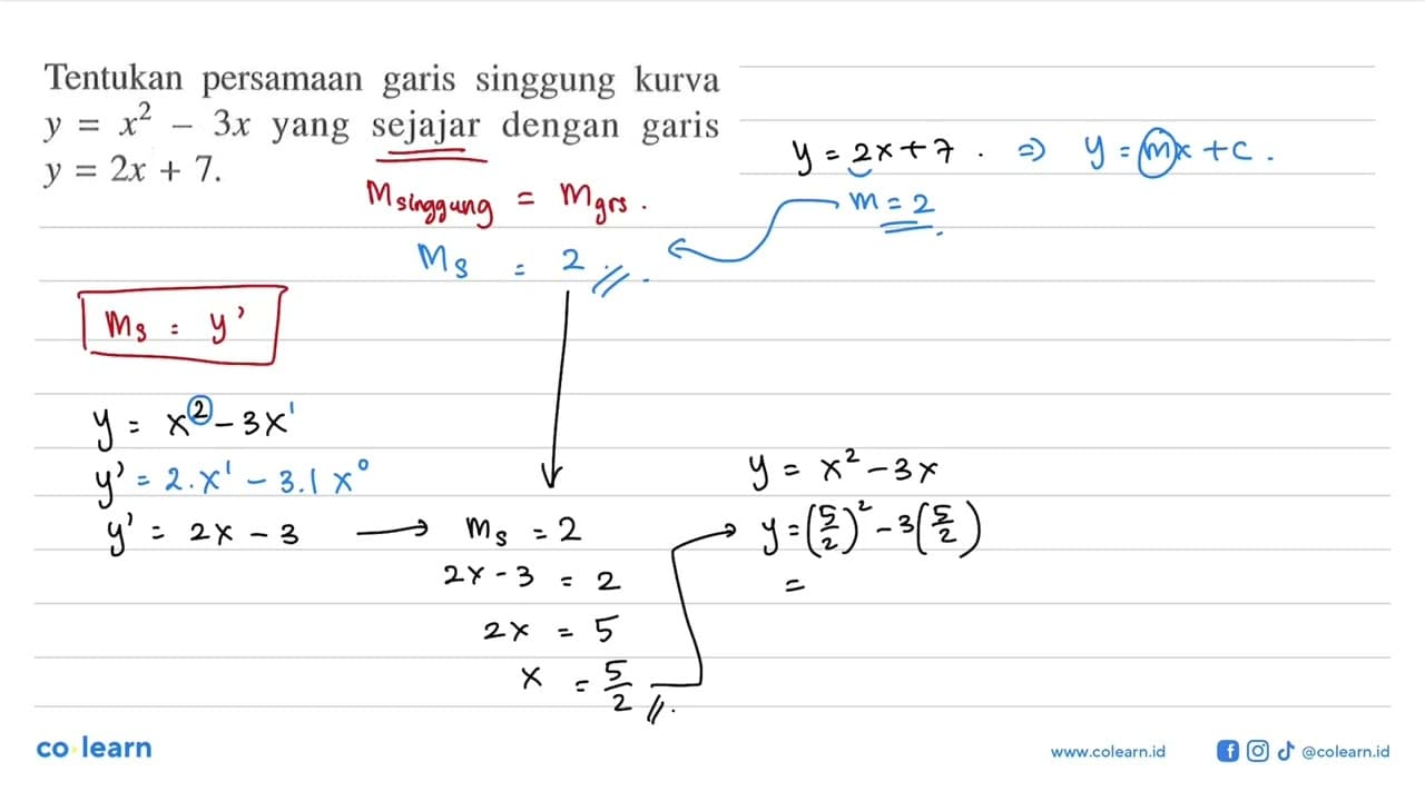 Tentukan persamaan garis singgung kurva y=x^2-3x yang