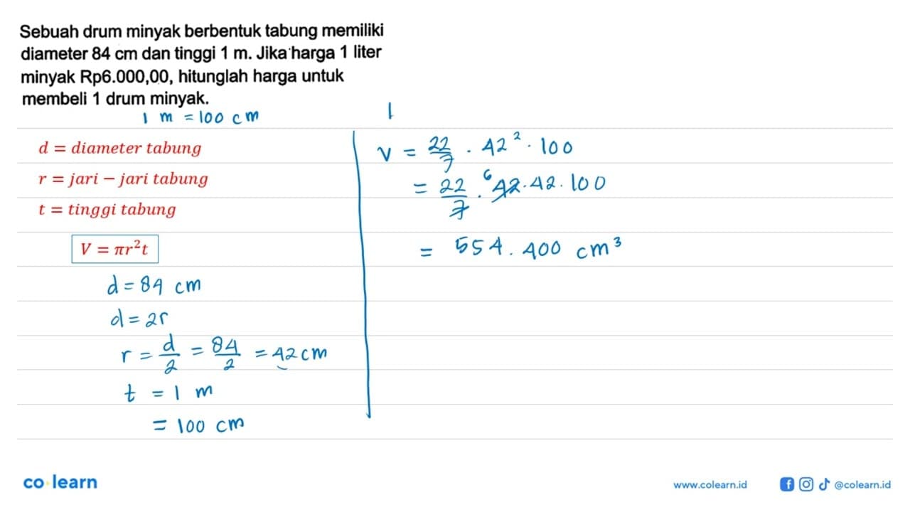 Sebuah drum minyak berbentuk tabung memiliki diameter 84 cm