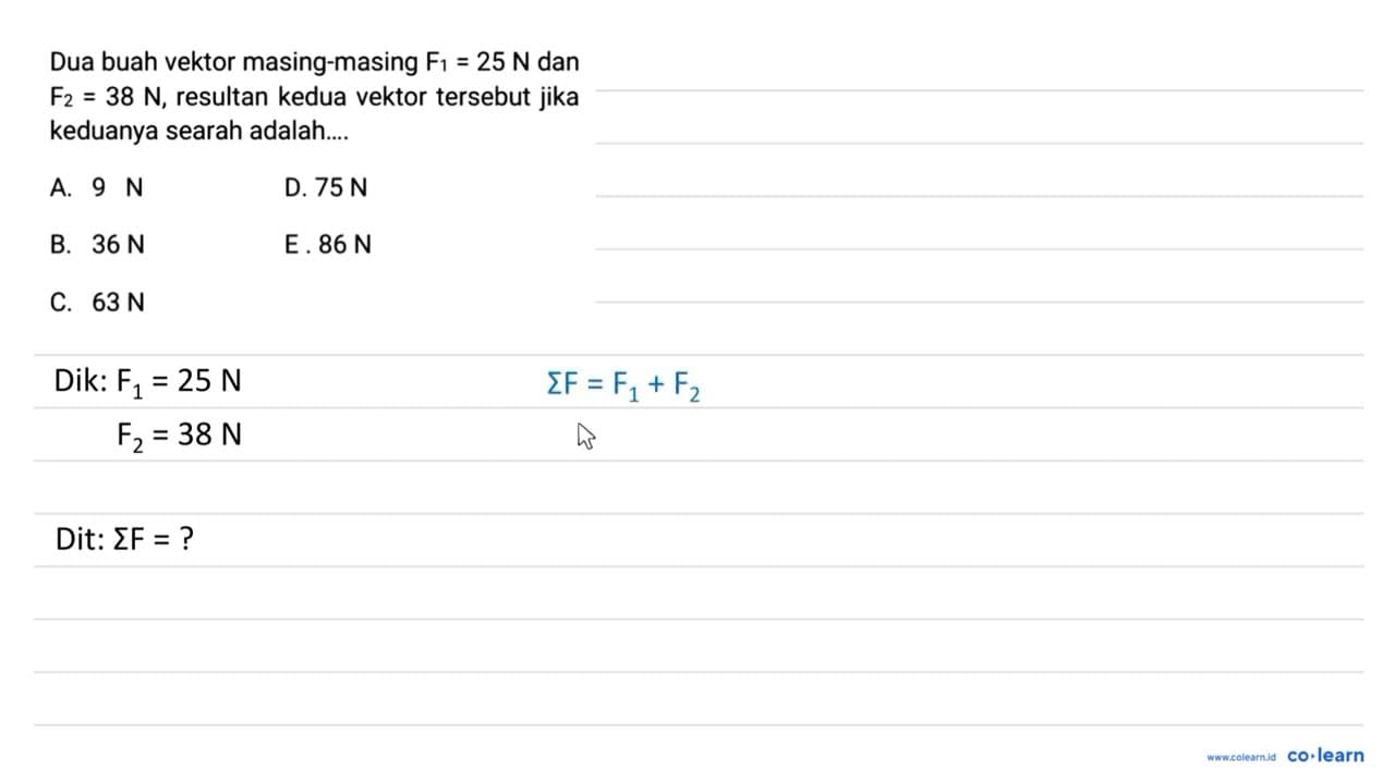 Dua buah vektor masing-masing F_(1)=25 N dan F_(2)=38 N ,