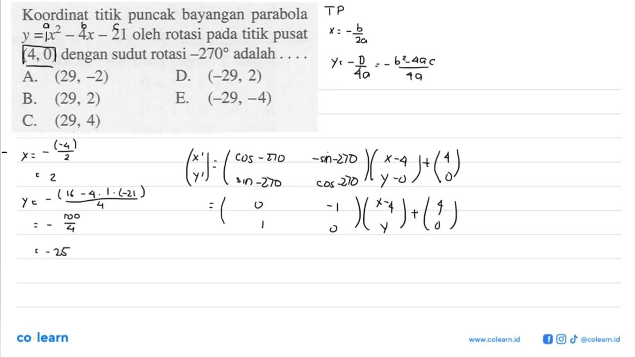 Koordinat titik puncak bayangan parabola y=x^2-4x-21 oleh