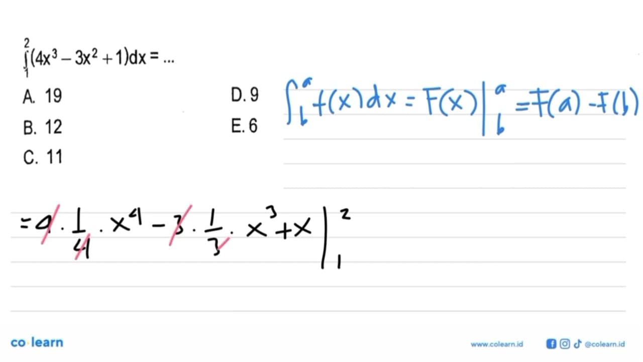 Integral 1 2 (4x^3-3x^2+1) dx=...