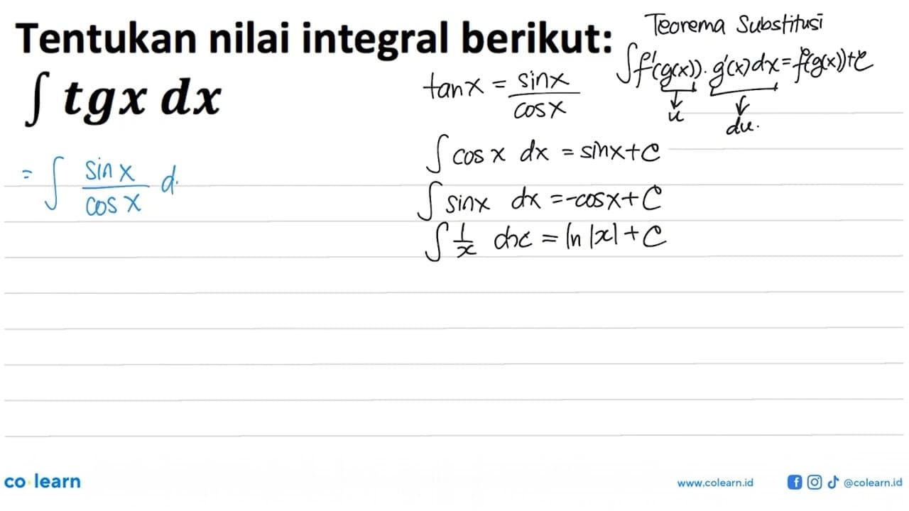 Tentukan nilai integral berikut:integral tg x dx