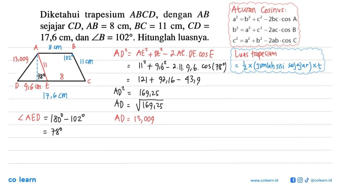 Diketahui trapesium ABCD, dengan AB sejajar CD, AB=8 cm,