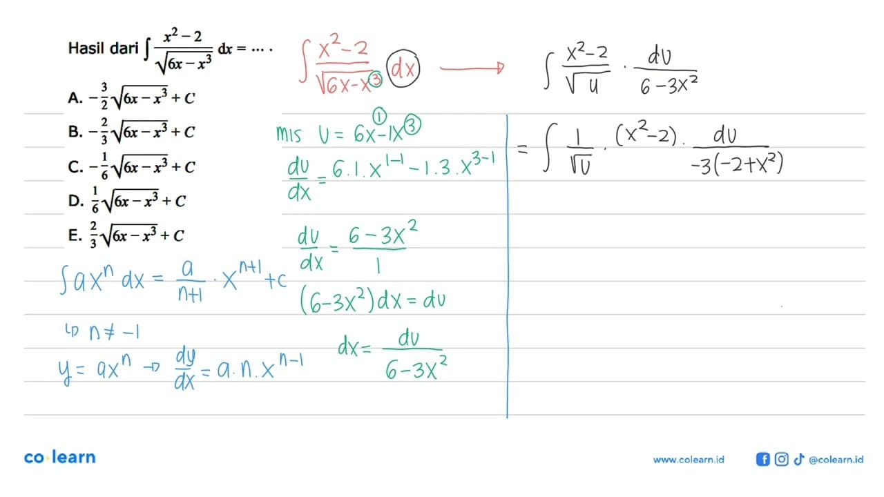 Hasil dari integral (x^2-2)/(akar(6x-x^3) dx=...