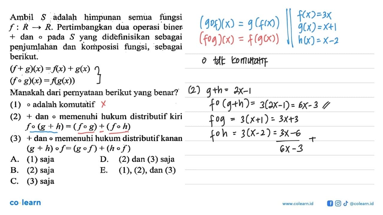 Ambil S adalah himpunan semua fungsi f: R -> R.