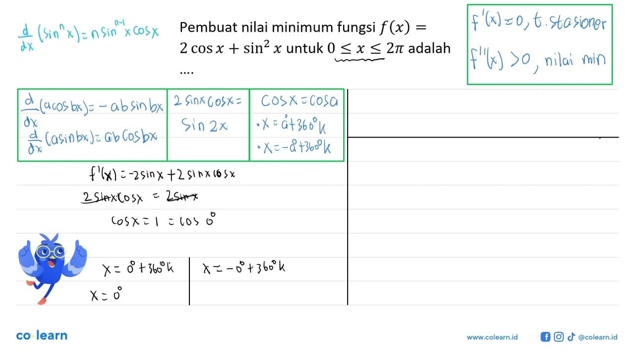 Pembuat nilai minimum fungsi f(x)=2cosx+sin^2x untuk