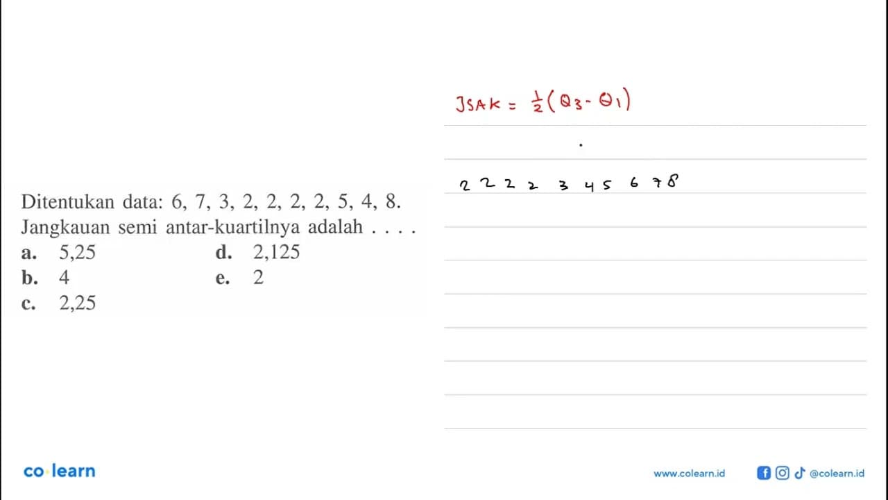 Ditentukan data: 6, 7, 3, 2, 2, 2, 2, 5, 4, 8. Jangkauan