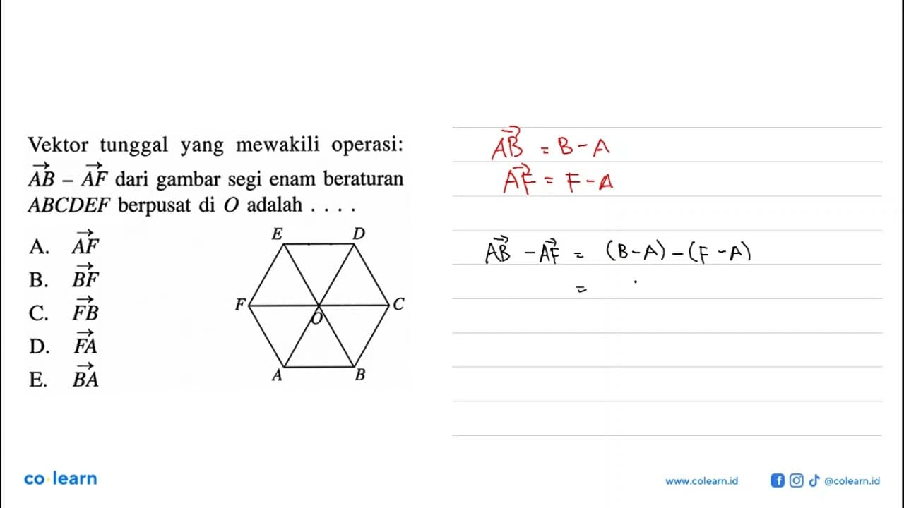 Vektor tunggalyang mewakili operasi: AB-AF dari gambar segi