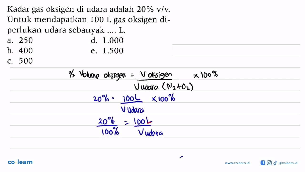 Kadar gas oksigen di udara adalah 20% v/v. Untuk