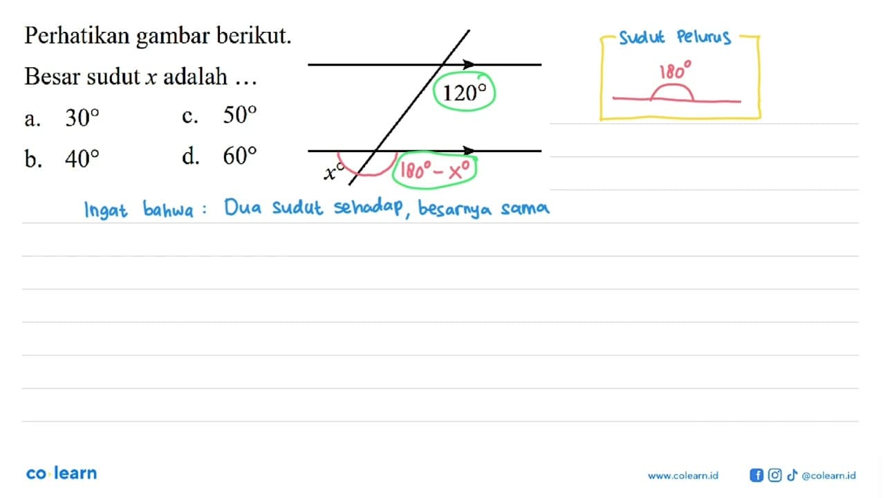 Perhatikan gambar berikut.Besar sudut x adalah ....