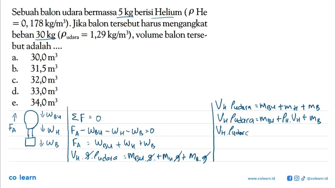 Sebuah balon udara bermassa 5 kg berisi Helium ( rho He =