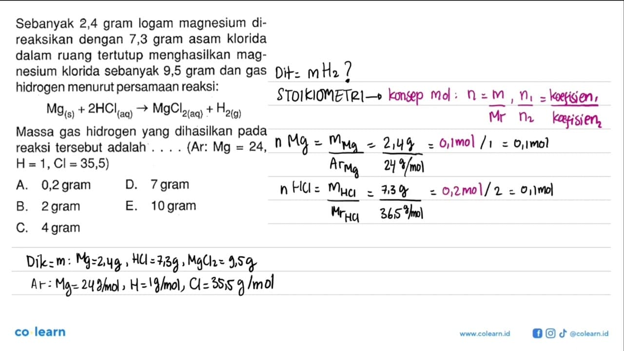 Sebanyak 2,4 gram logam magnesium direaksikan dengan 7,3