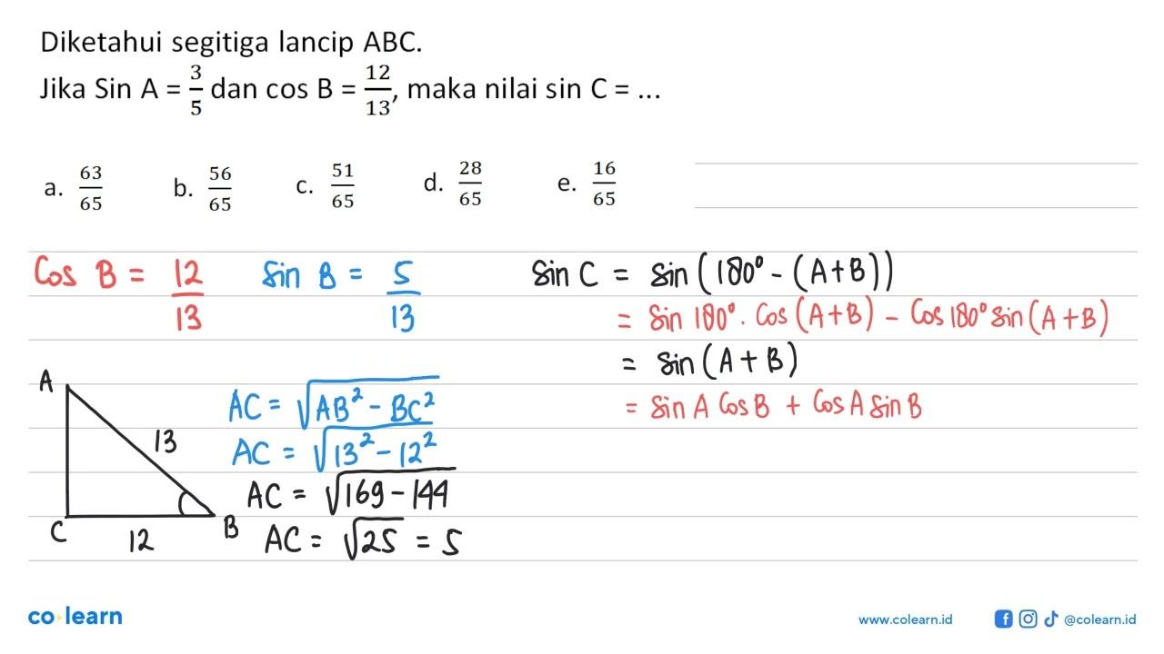 Diketahui segitiga lancip ABC.Jika sin A = 3/5 dan cos B =