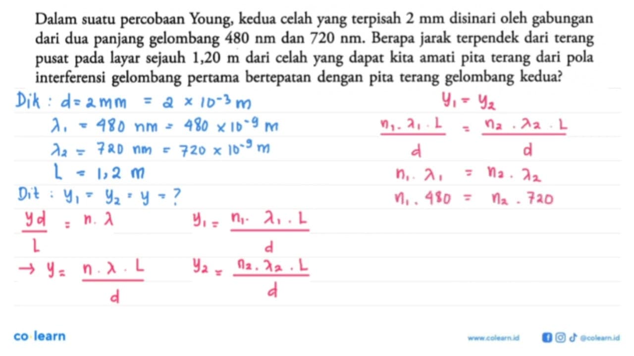 Dalam suatu percobaan Young, kedua celah yang terpisah 2 mm